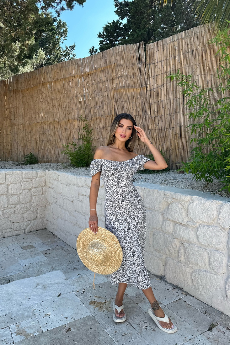 Beyaz Yırtmaç Detay Uzun Elbise ATE7511 - EYYO