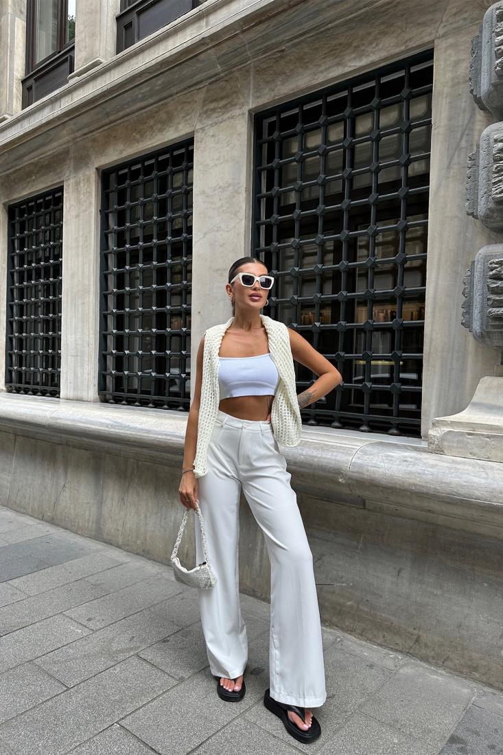 Beyaz Yüksek Bel Pantolon ATE7108 - EYYO