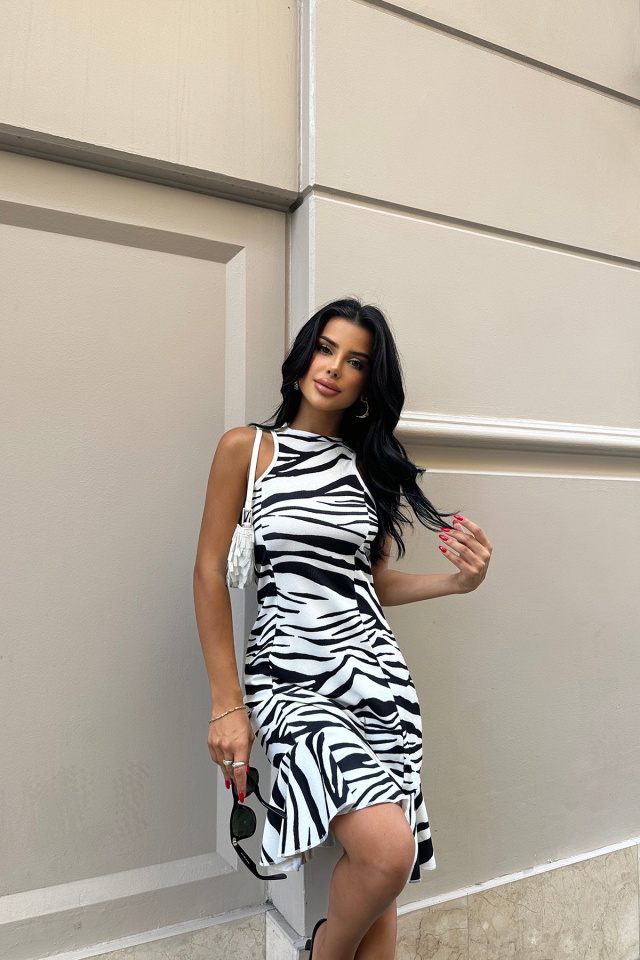 Beyaz Zebra Desen Mini Elbise ATE7769 - 4