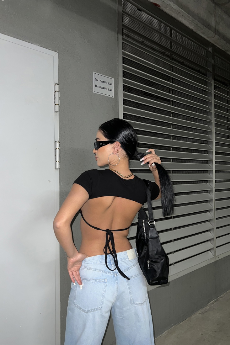 Black Back Laced Crop Top ATE6924 - KARABAY