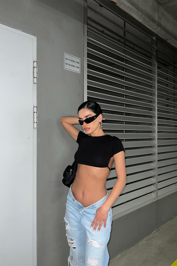 Black Back Laced Crop Top ATE6924 - KARABAY
