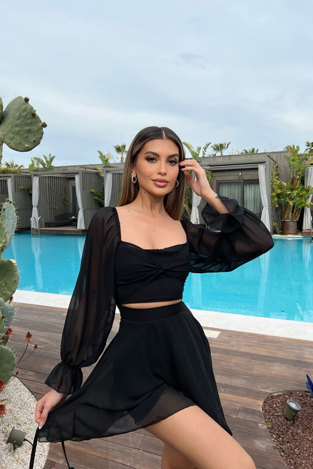 Black Balloon Sleeve Belly Detail Dress ATE6193 - 1