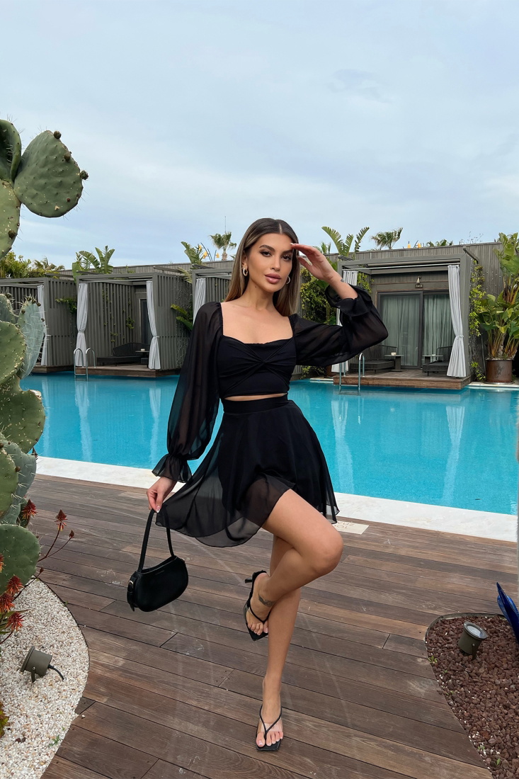 Black Balloon Sleeve Belly Detail Dress ATE6193 - EYYO