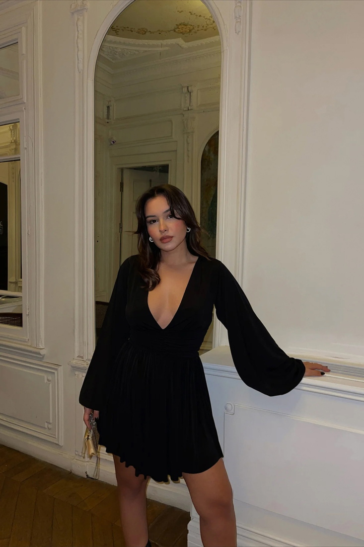 Black Belly Gathered Mini Dress ATE3027 - EYYO