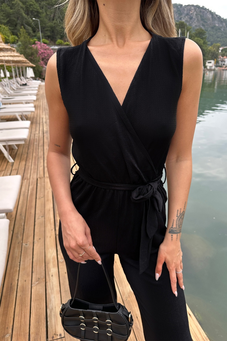 Black Belt Detail V Collar Overalls ATE6958 - BİG DART