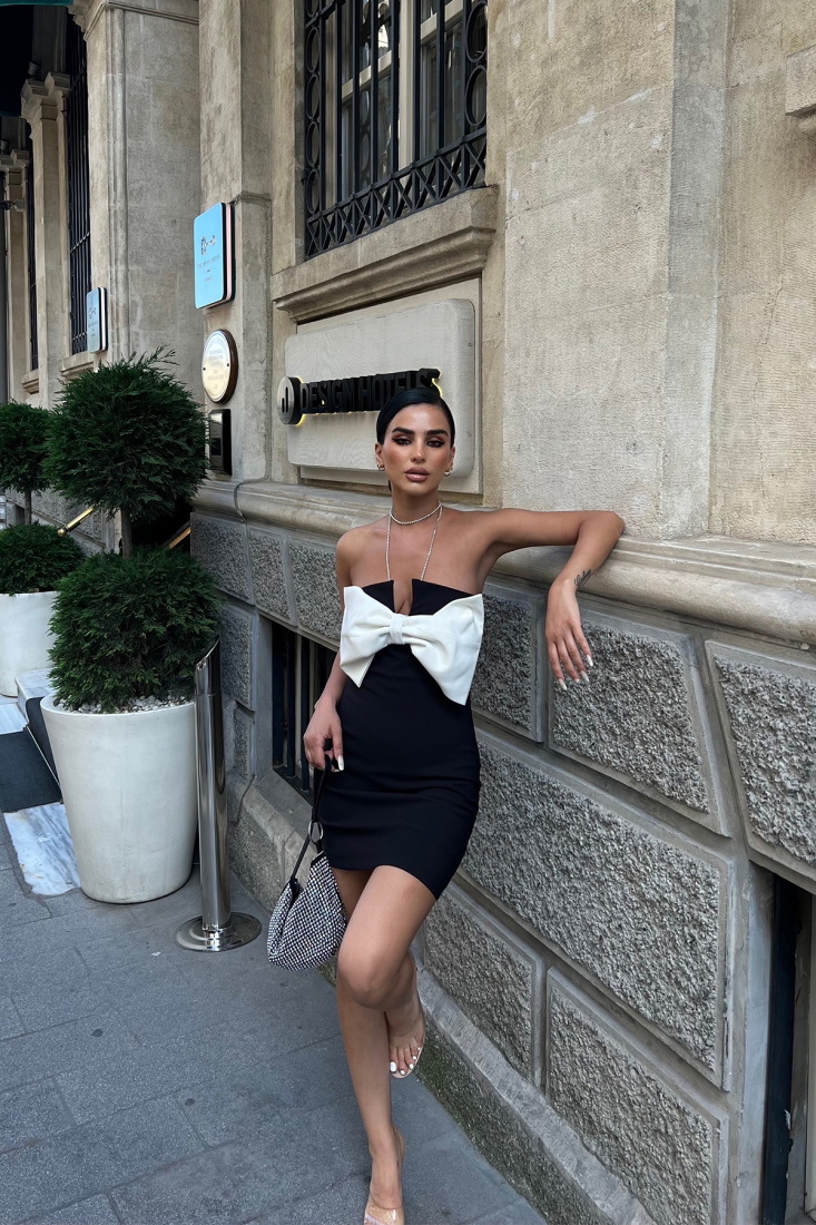 Black Bow Tie Detail Mini Dress ATE7178 - EYYO