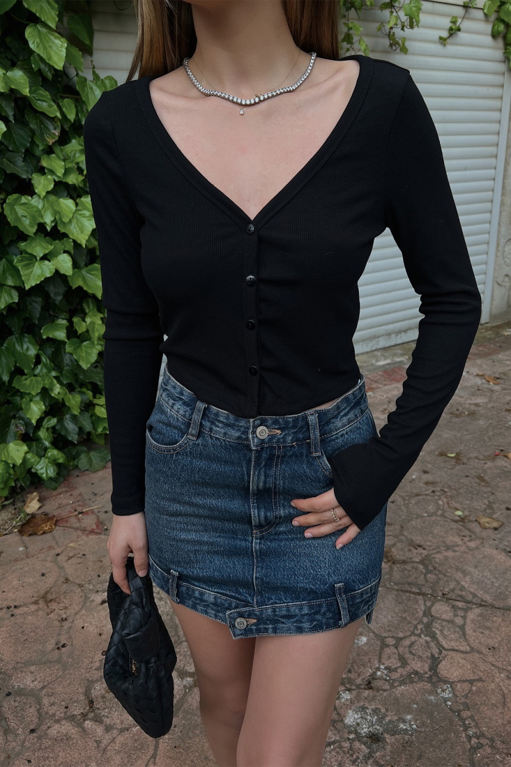 Black Button Detail Crop Top ATE6666 - BARAN