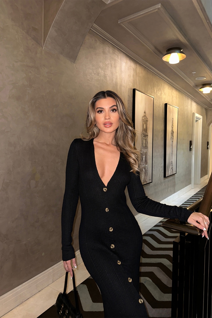 Black Buttoned Long Dress ATE6245 - EYYO