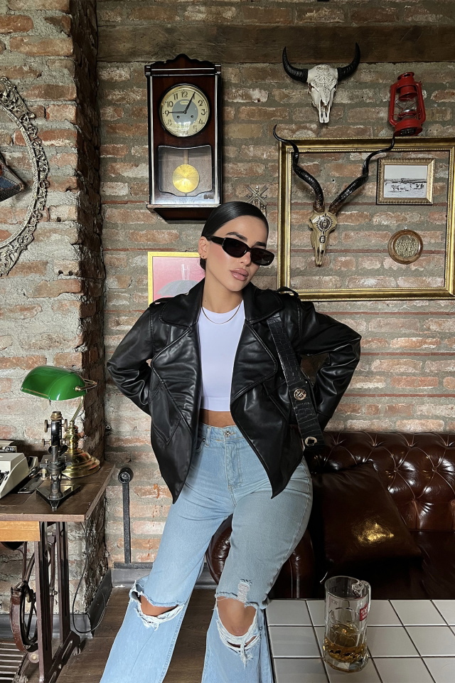 Black Double Breasted Leather Jacket ATE1959 - 4
