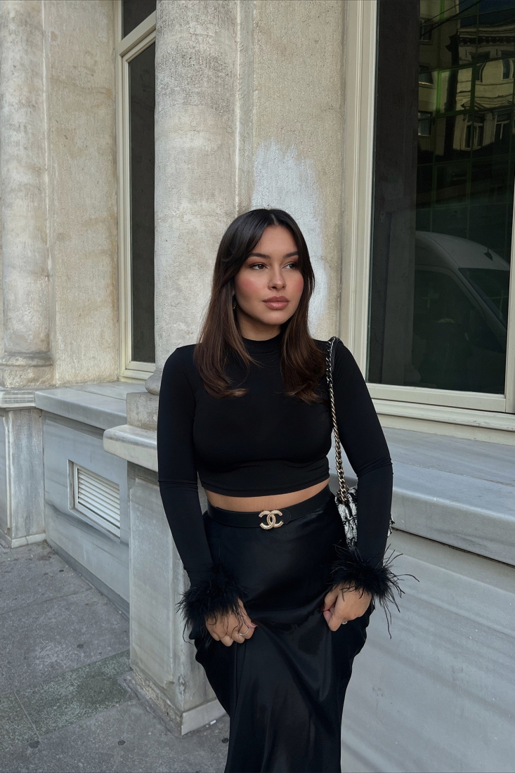 Black Feather Sleeve Detail Blouse ATE2475 - EYYO