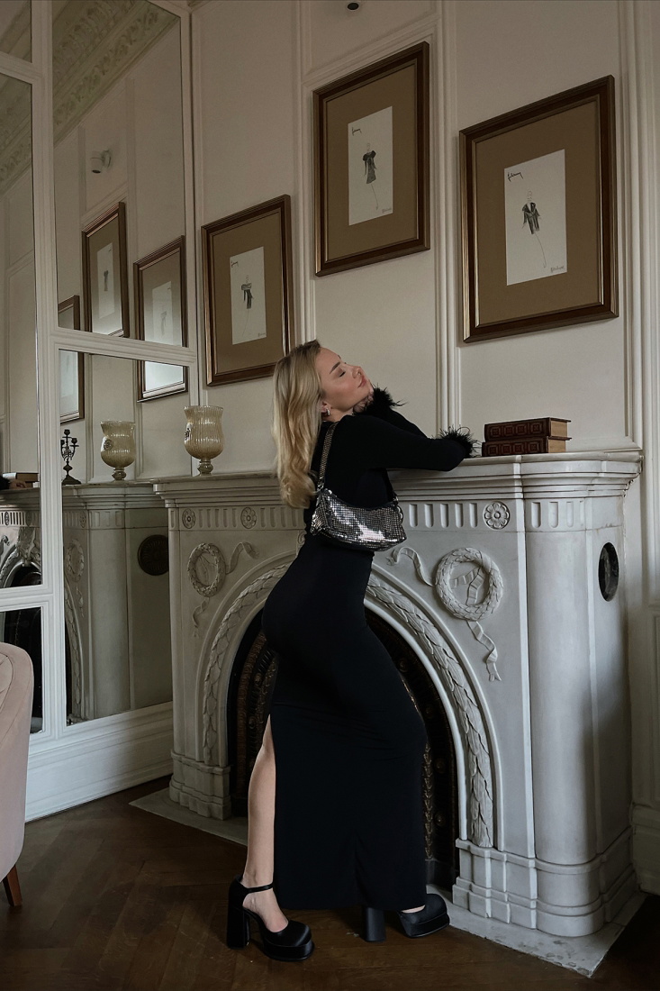 Black Feather Sleeve Detail Long Dress ATE3115 - EYYO