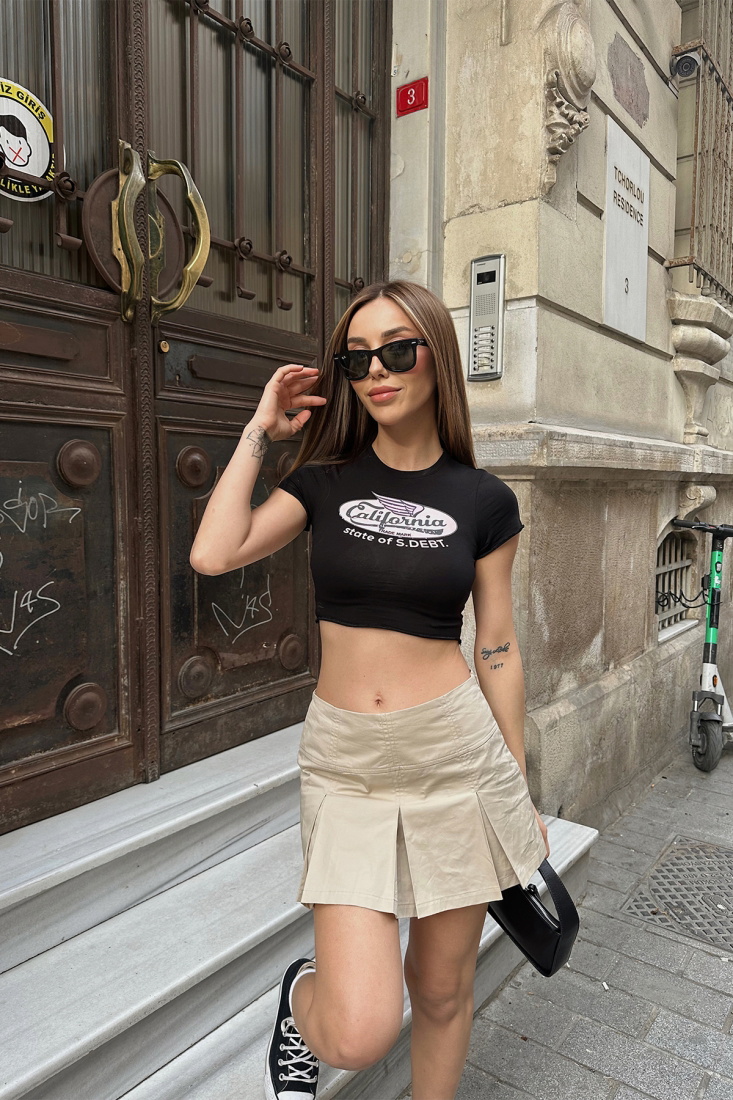 Black Front Printed Crop Top ATE6171 - gecce