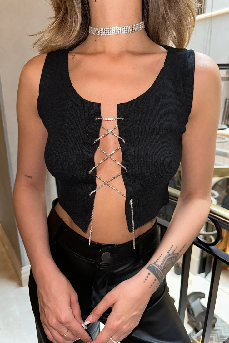 Black Front Stone Detail Crop Top ATE6222 - gecce