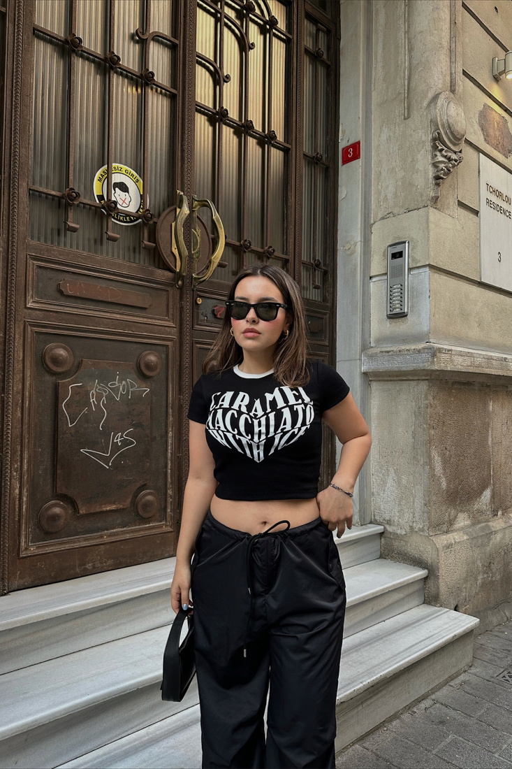 Black Front Written Crop Top ATE6651 - DONT FASHİON
