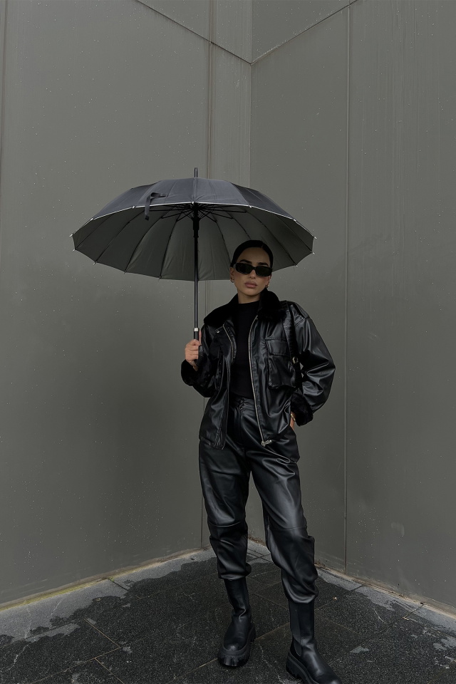 Black Fur Detail Leather Jacket ATE2064 - 1