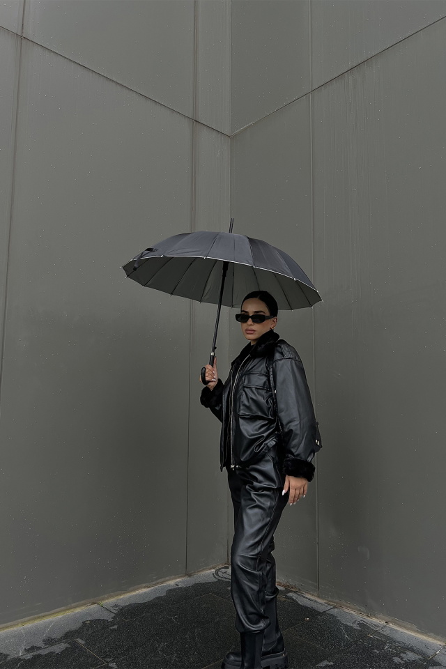 Black Fur Detail Leather Jacket ATE2064 - 3