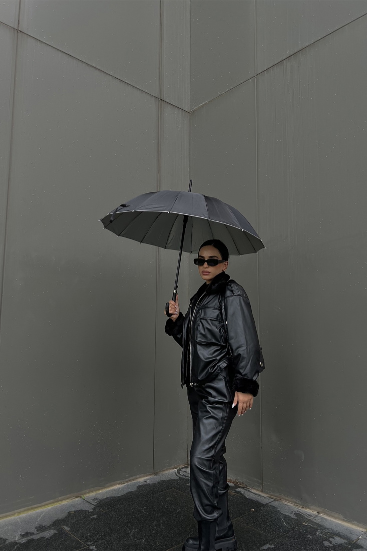 Black Fur Detail Leather Jacket ATE2064 - ETİKA