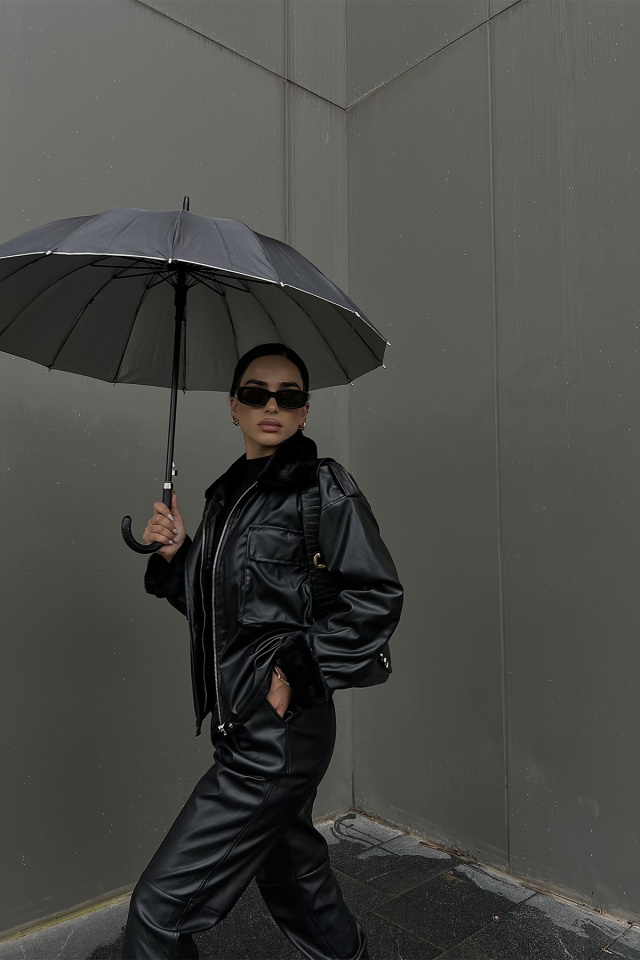 Black Fur Detail Leather Jacket ATE2064 - 2