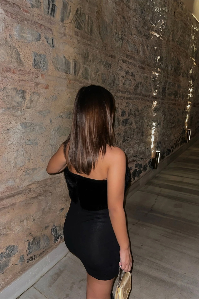 Black Fur Detail Mini Dress ATE2645 - 2