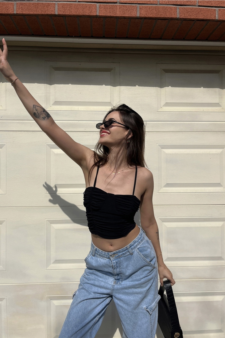 Black Gathered Crop Top ATE6485 - gecce