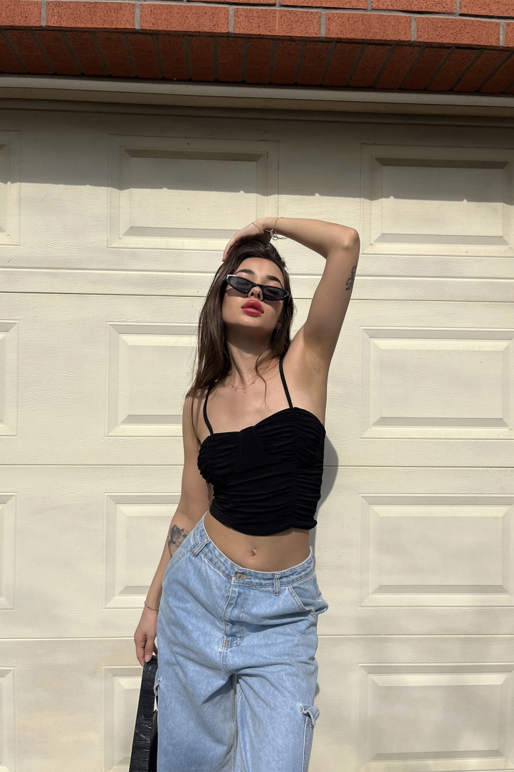 Black Gathered Crop Top ATE6485 - gecce