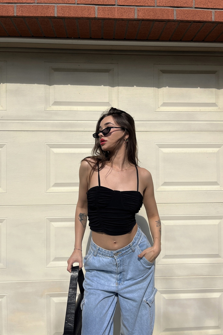 Black Gathered Crop Top ATE6485 - gecce