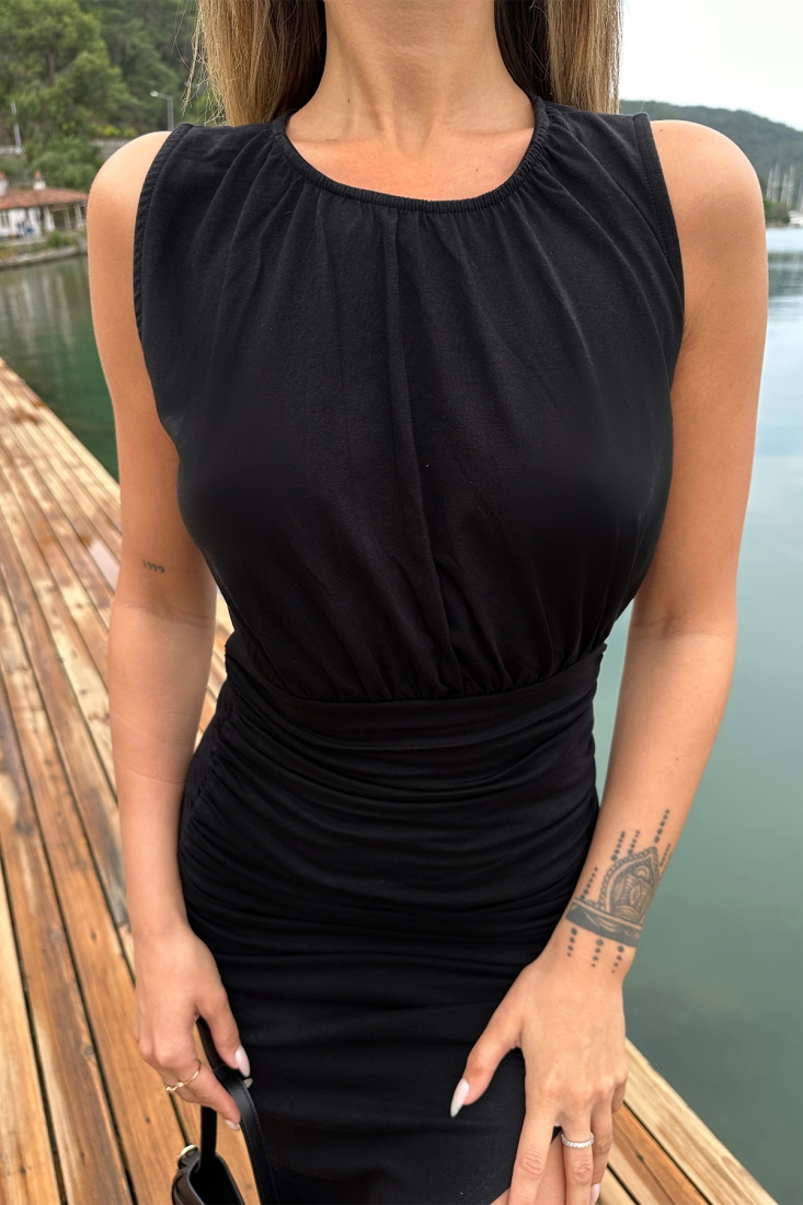 Black Gathered Deep Slit Detail Dress ATE6940 - EYYO