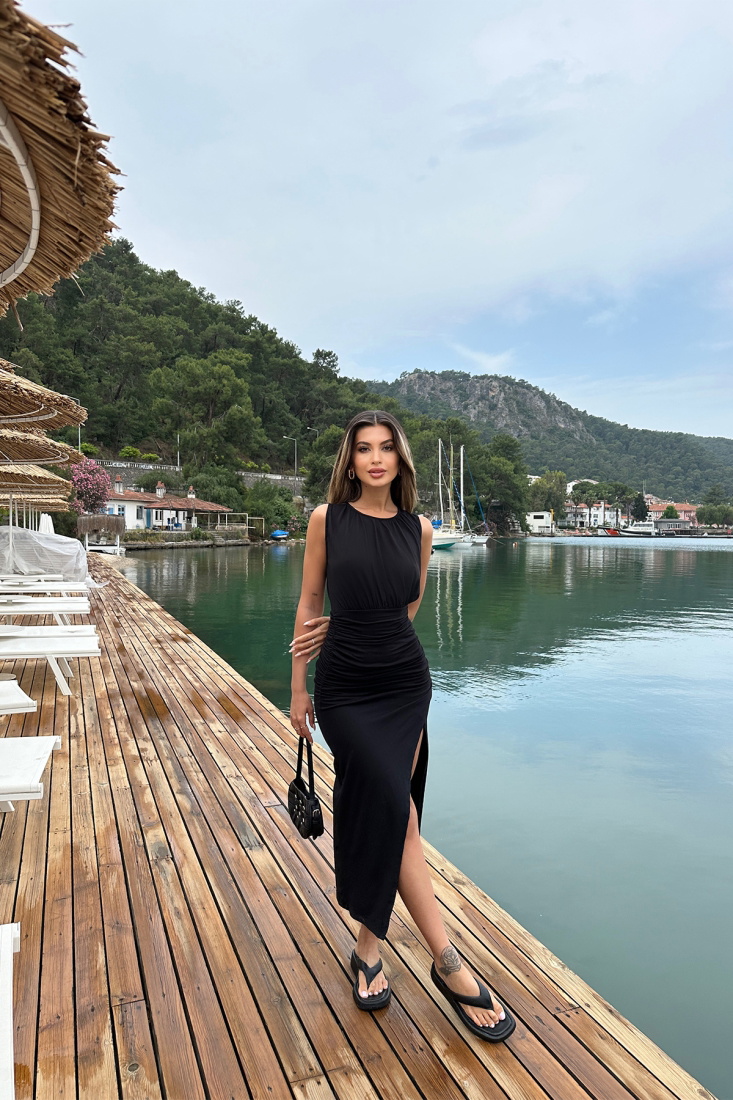 Black Gathered Deep Slit Detail Dress ATE6940 - EYYO