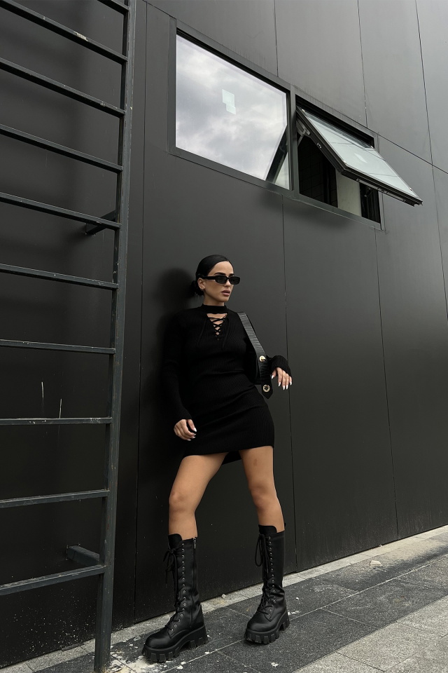 Black Knitwear Laced Dress ATE2073 - 1