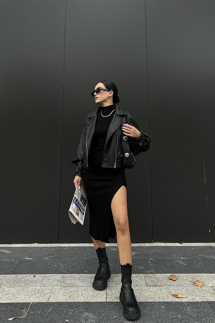 Black Knitwear Slit Detail Dress ATE2052 - DEPPOT