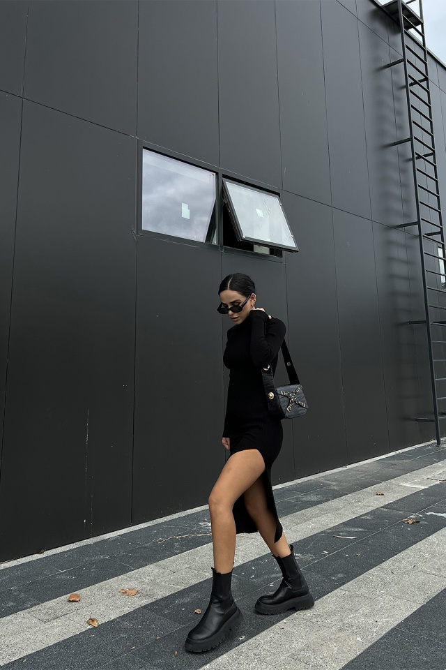 Black Knitwear Slit Detail Dress ATE2052 - 4