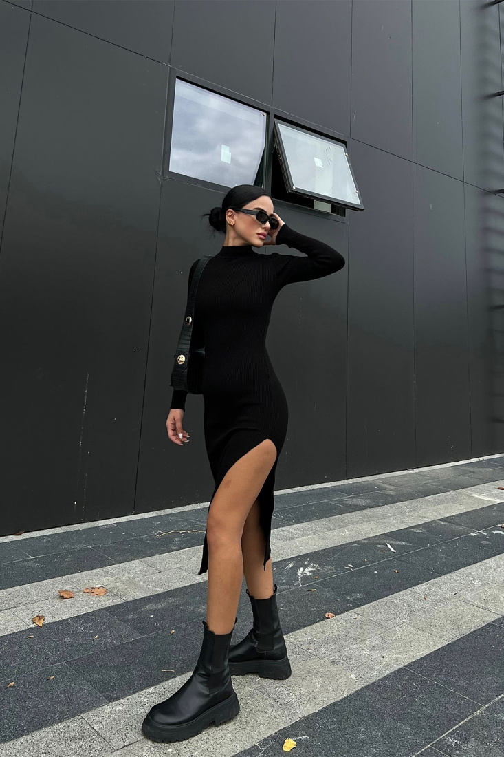 Black Knitwear Slit Detail Dress ATE2052 - DEPPOT