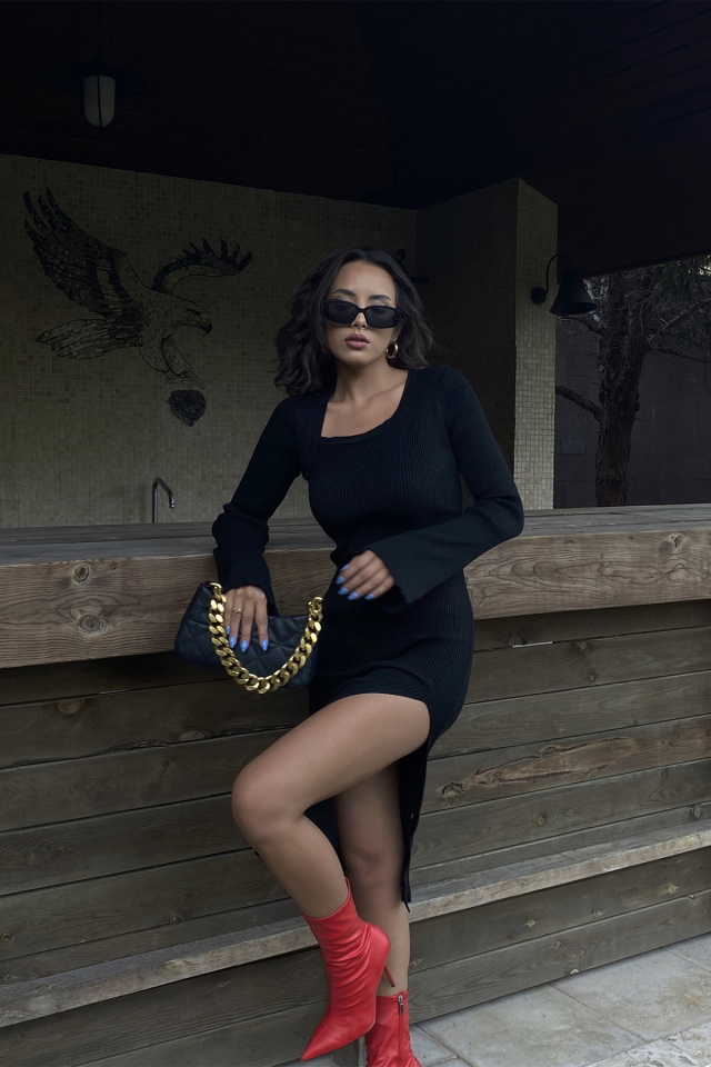 Black Knitwear Slit Dress ATE2027 