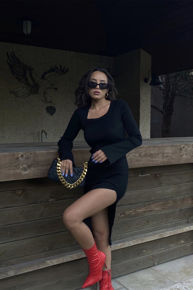 Black Knitwear Slit Dress ATE2027 - DEPPOT