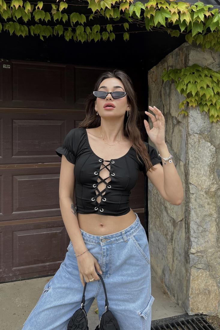 Black Laced Crop Top ATE6698 - gecce