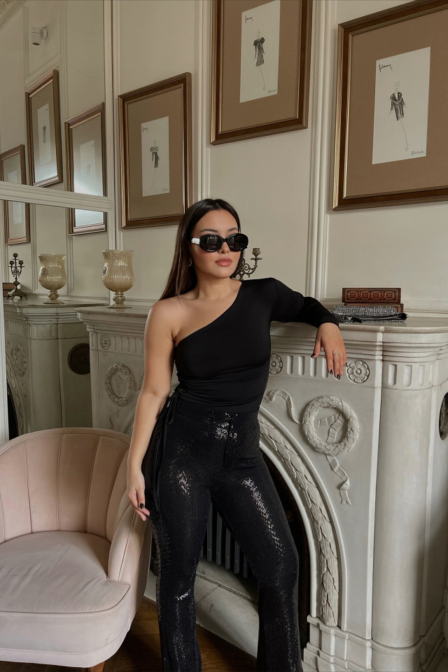 Black Laced Single Sleeve Bodysuit ATE2997 