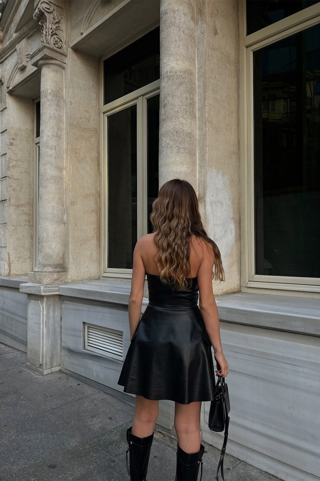 Black Leather Skirt Set ATE2425 - 4