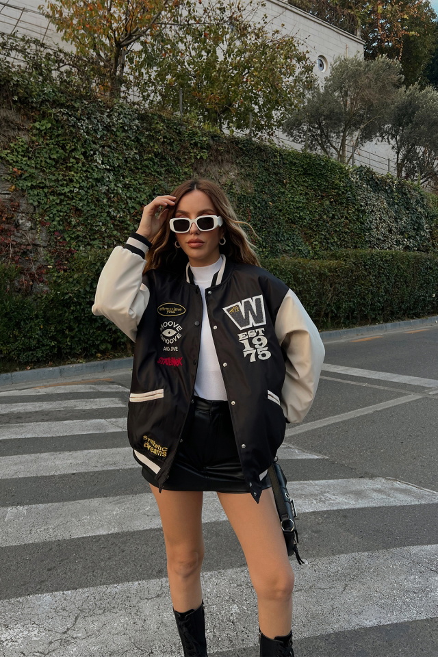 Black Letter Printed College Jacket ATE2532 - 1