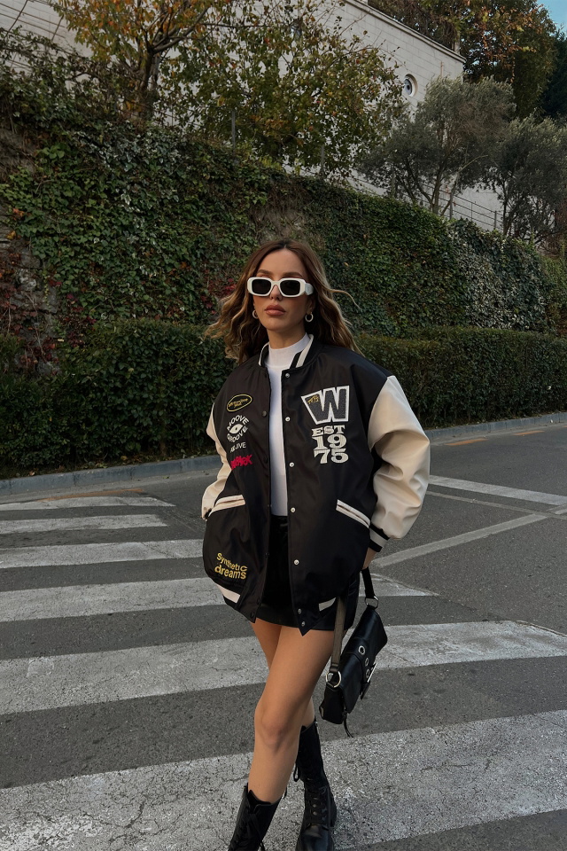 Black Letter Printed College Jacket ATE2532 - 3