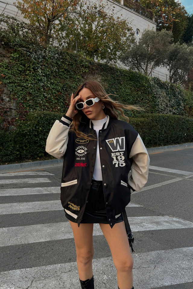 Black Letter Printed College Jacket ATE2532 - 5