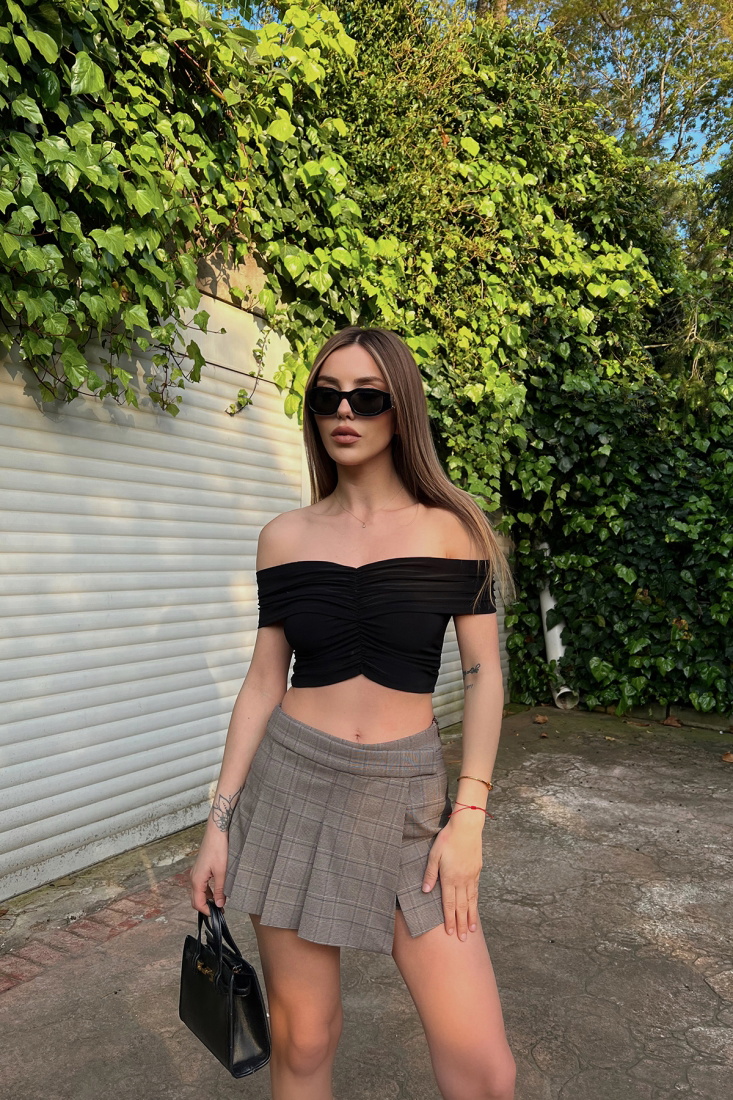 Black Low Sleeve Crop Top ATE6404 - gecce