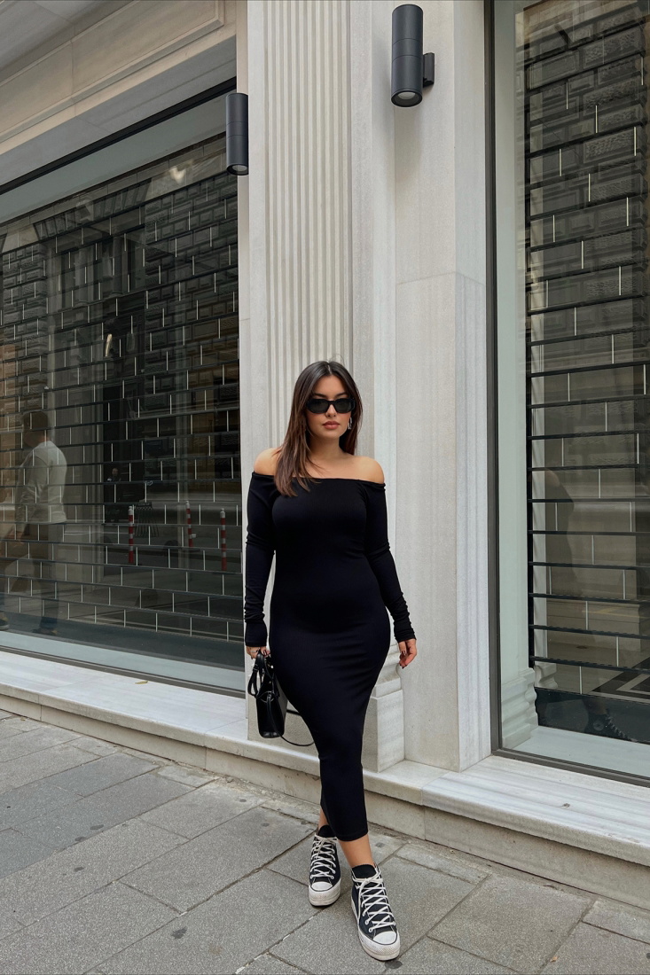 Black Low-Sleeve Long Dress ATE2255 - EYYO