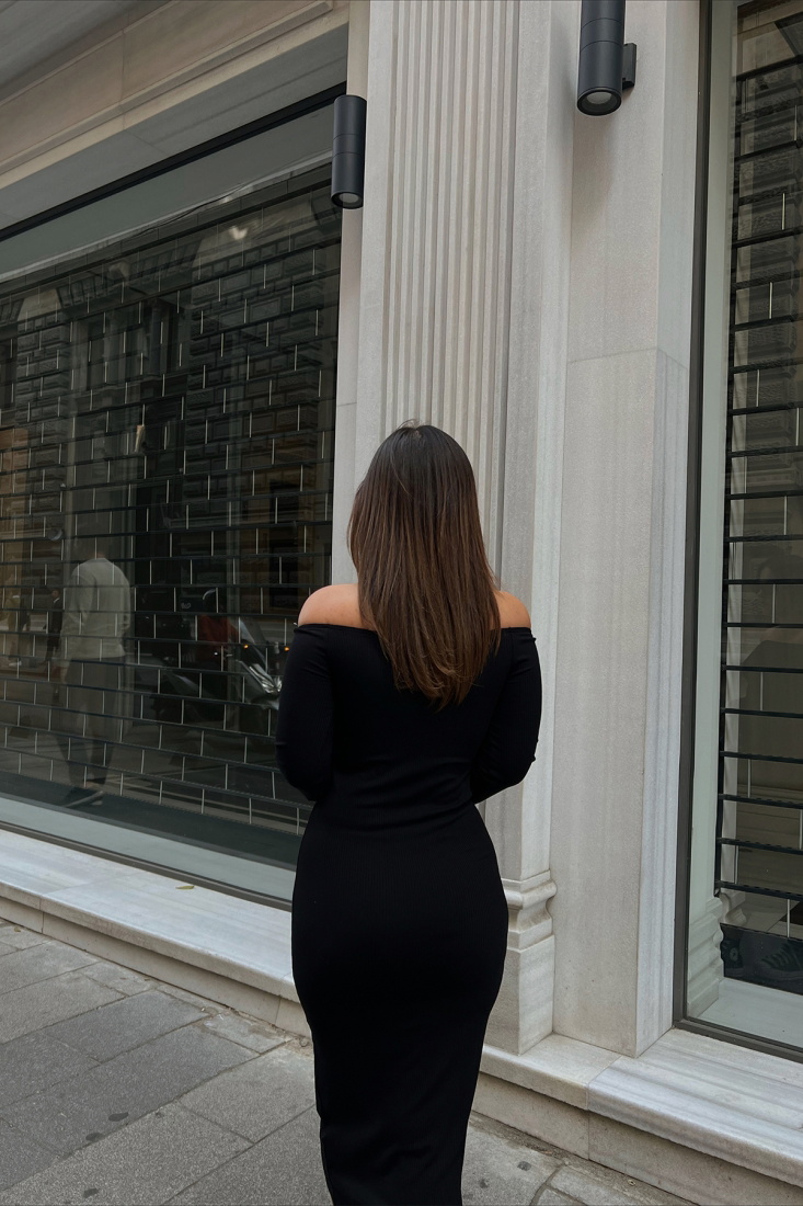 Black Low-Sleeve Long Dress ATE2255 - EYYO