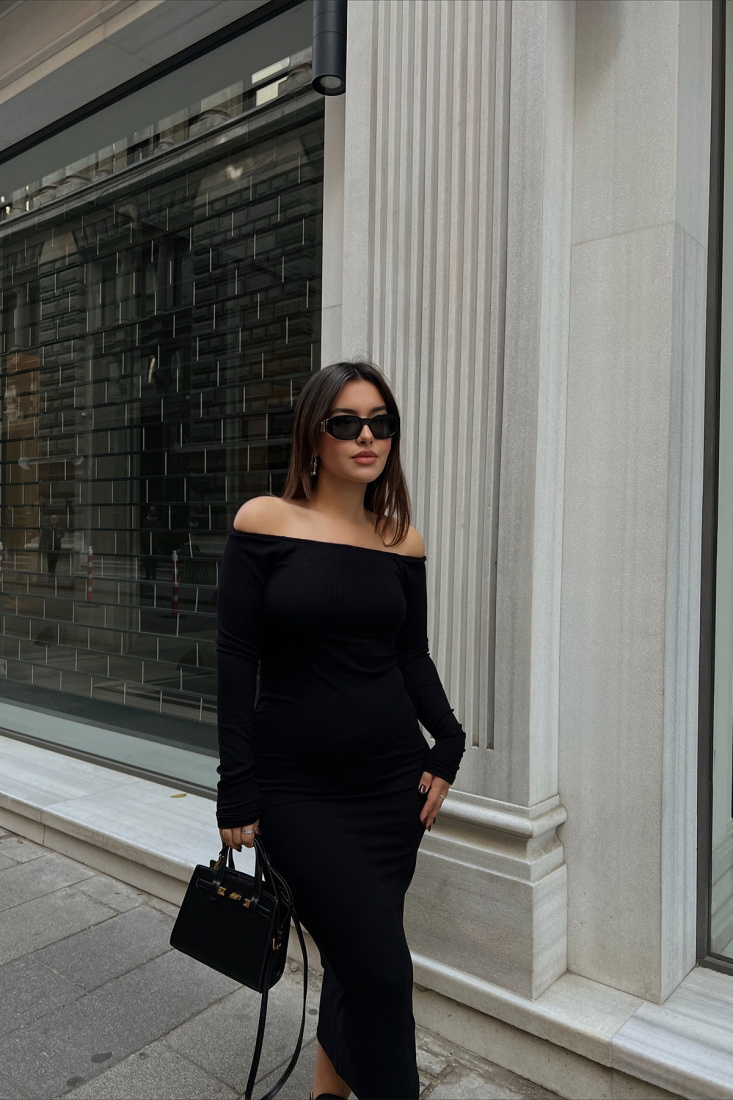 Black Low-Sleeve Long Dress ATE2255 - EYYO