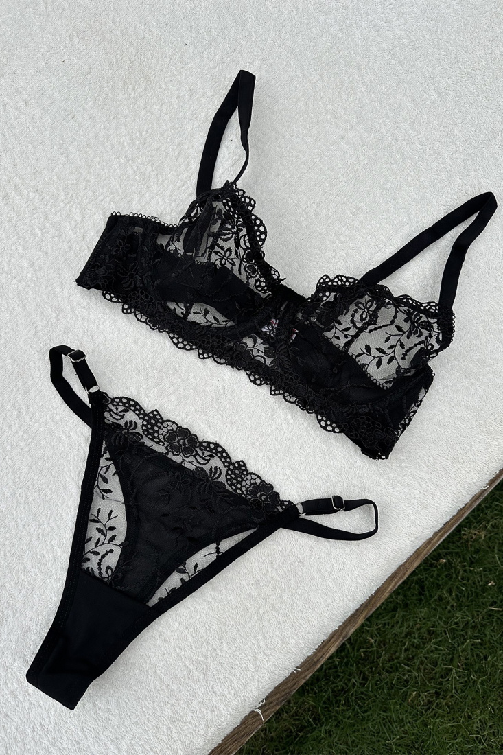 Black Plain Lace Detail Underwear ATE6342 - 