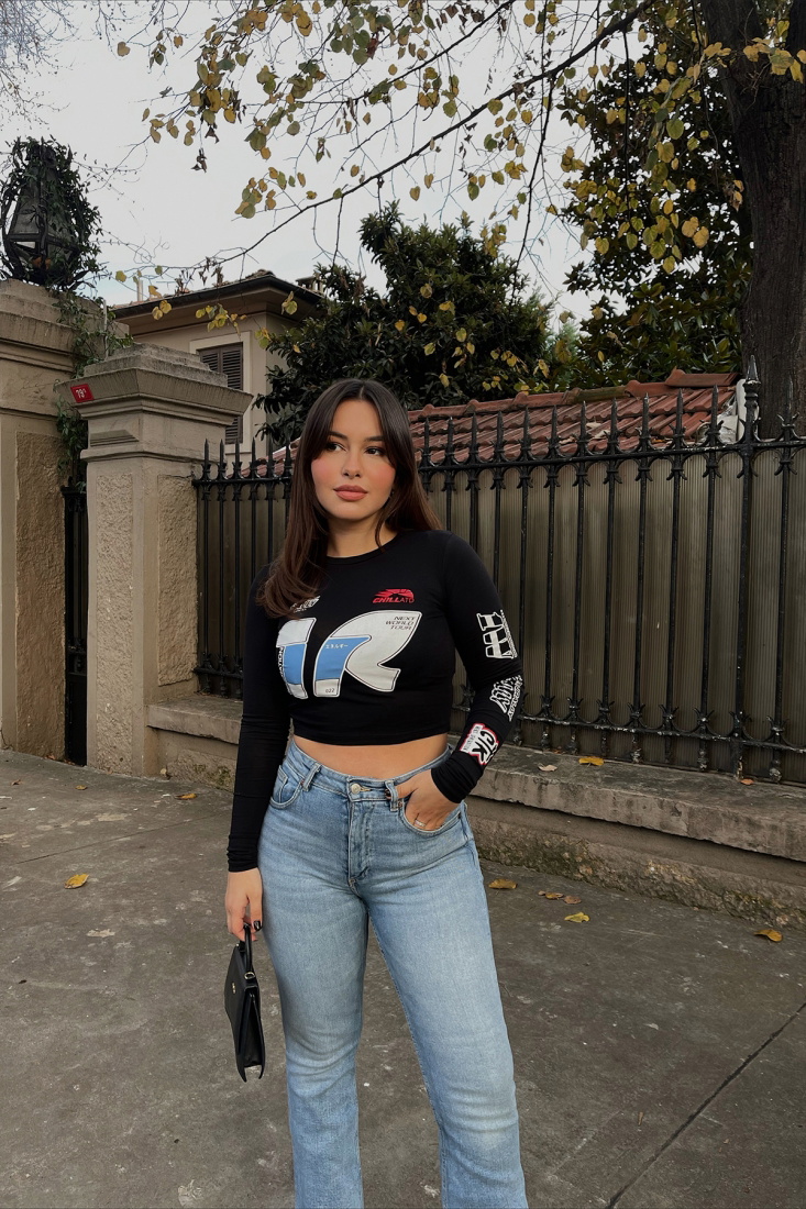 Black Printed Crop Top ATE2922 - EYYO