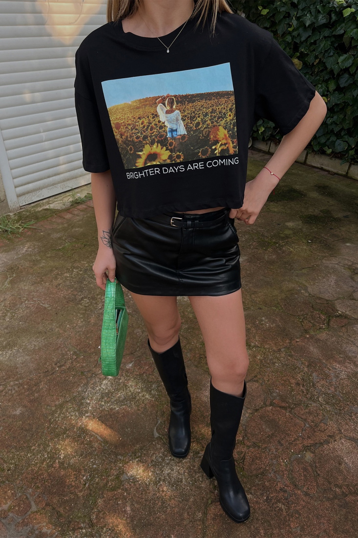 Black Printed Crop Top ATE4310 - KALİMERA