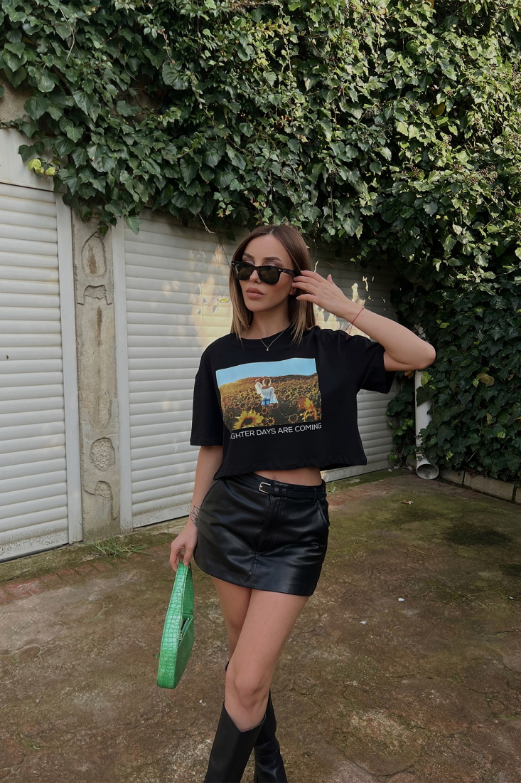 Black Printed Crop Top ATE4310 - KALİMERA