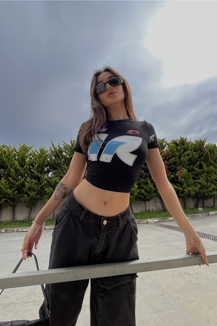 Black Printed Crop Top ATE6481 - ZECHKA