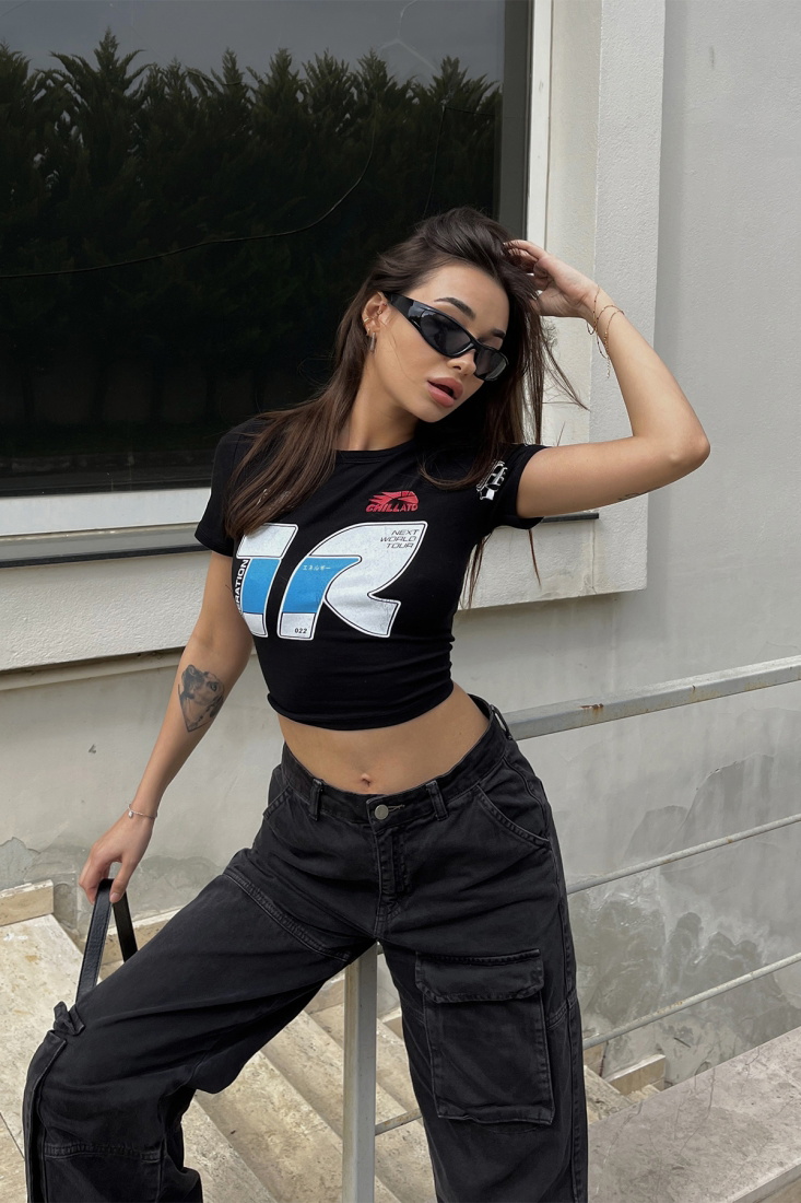 Black Printed Crop Top ATE6481 - ZECHKA